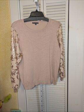 Adrianna Papell Sequin Mesh Sleeve Knit Sweater – Blush Pink / Rose Gold Size L